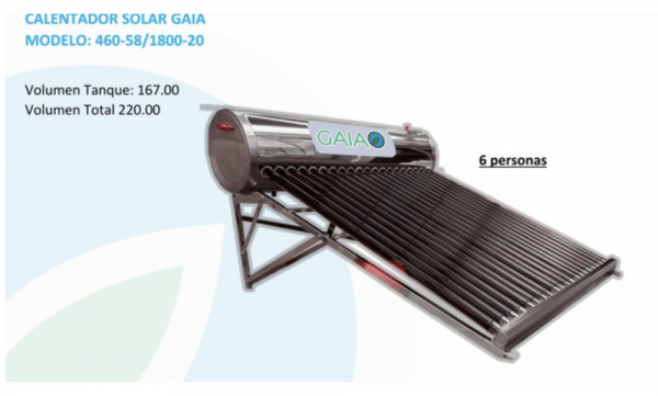 Calentador Solar marca GAIA 20 tubos 6 personas Capacidad de tanque 167 LT tubos de 53 LT