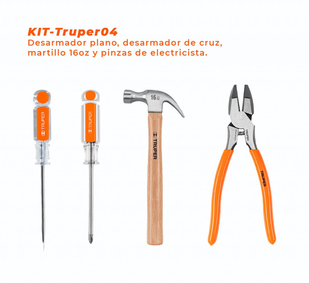 Kit Truper 04 Desarmadores Cruz Y Plano, Martillo 16oz, Pinzas Elec