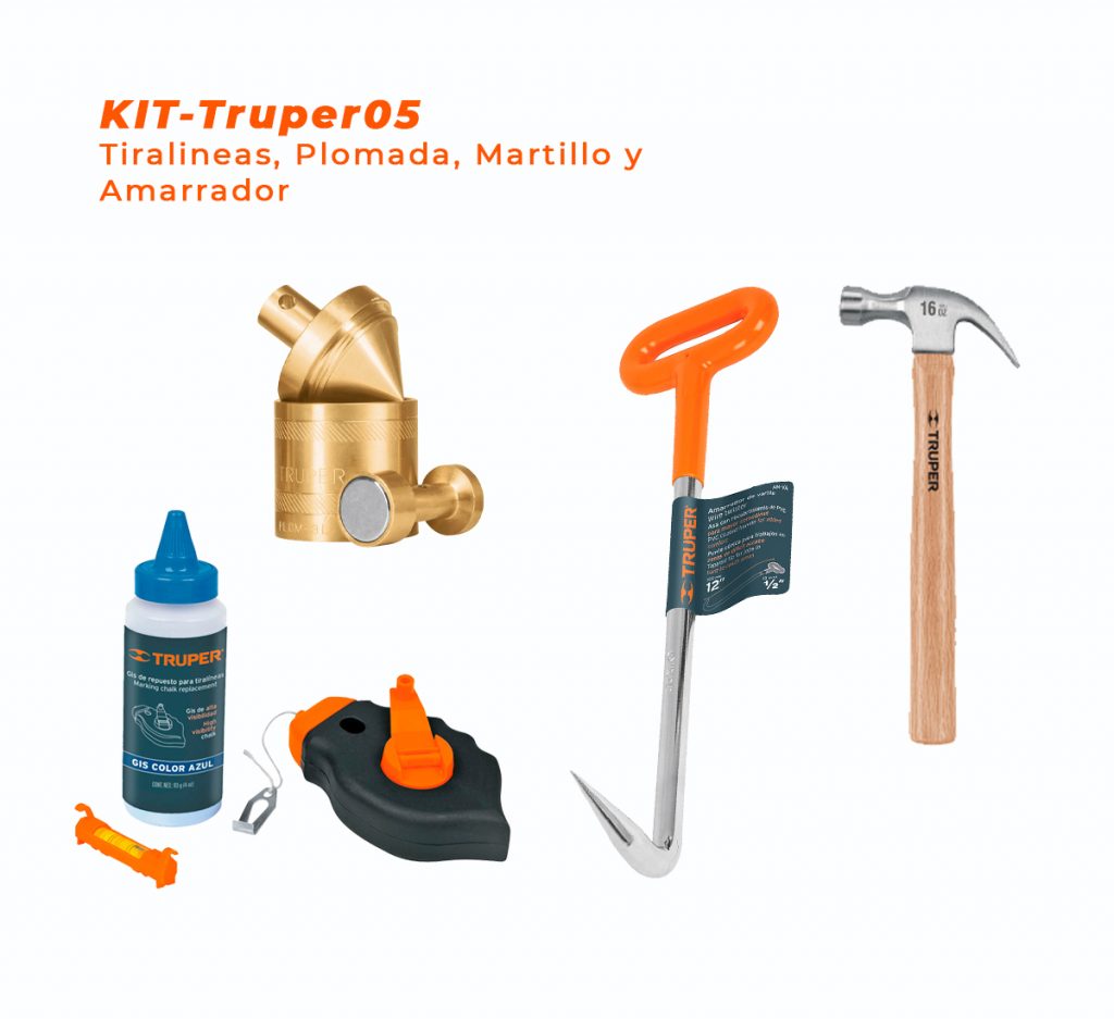 Kit Truper 05 – Tiralineas, Plomada, Martillo 16oz,  Amarrador