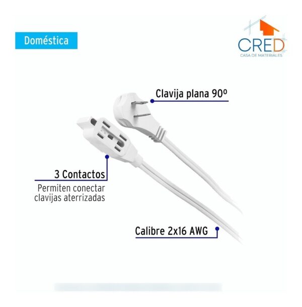 Extensión eléctrica doméstica 2 Metros color blanca con clavija - Imagen 2