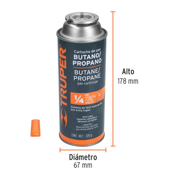 Lata de gas Butano de 220 g válvula de 1/4 de vuelta, Truper - Imagen 3